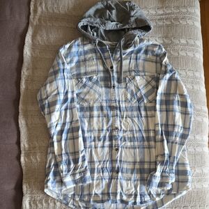 Natural Reflections Blue and White Plaid Hooded Button-Down Flannel Shirt